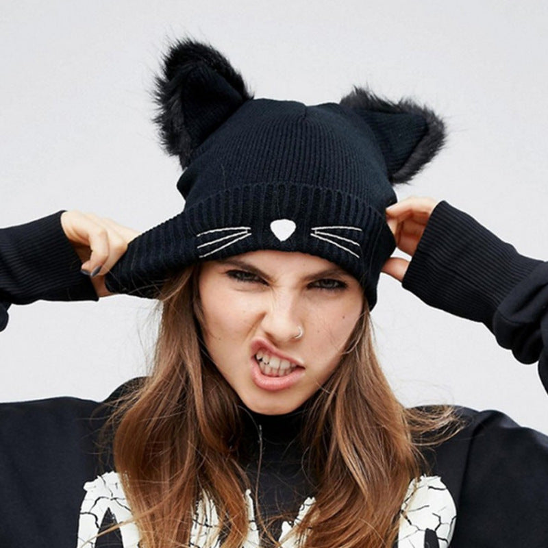 Embroidered Cat Ear Knitted Winter Hats