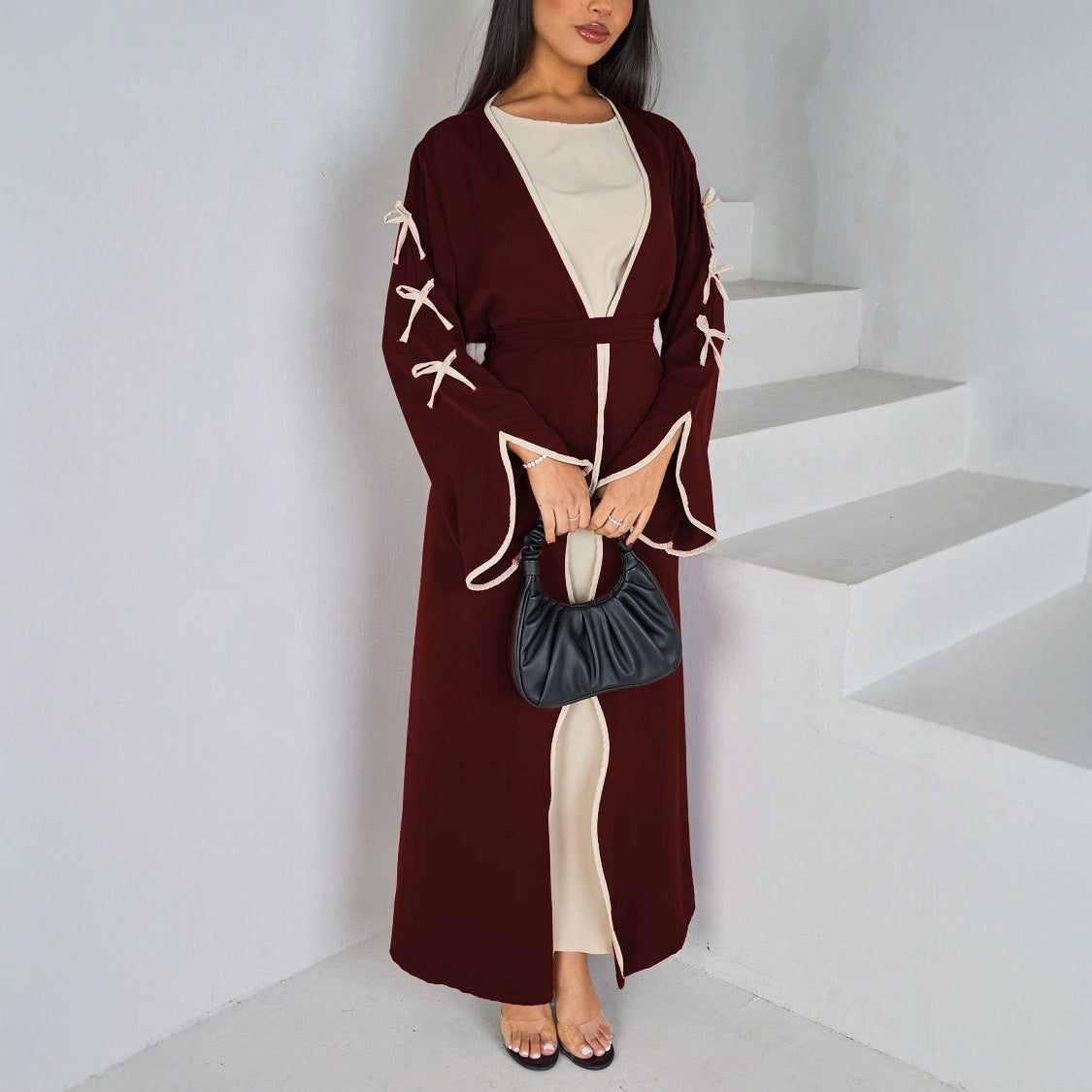 Elegant Muslim Long Robe with Bow Belt