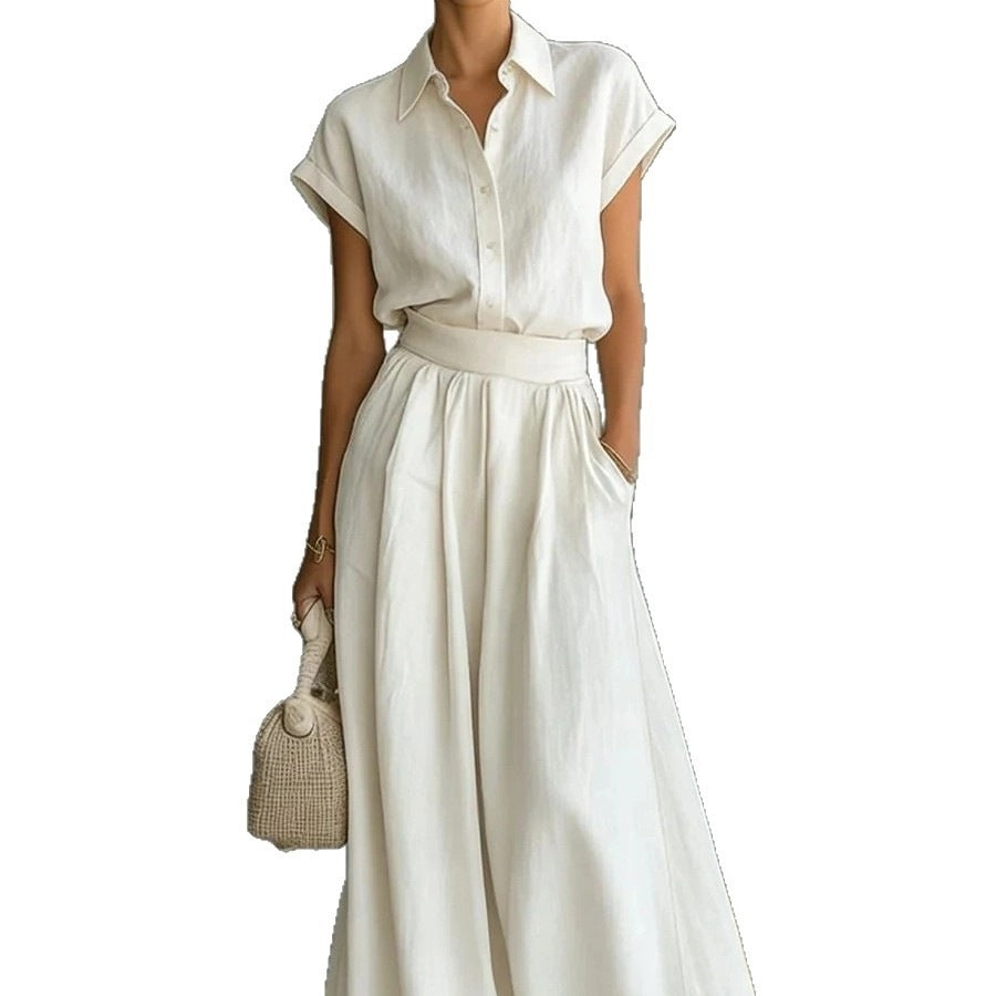 New Fashion Spring-Summer Casual Solid Shirt and Wide-Leg Pants Two-Piece Set