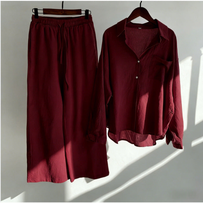 Women's Retro High Waist Cotton Linen Shirt and Pants Set