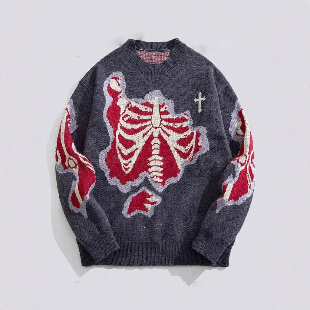 Faux Knit Skeleton Jacquard Pullover Sweater