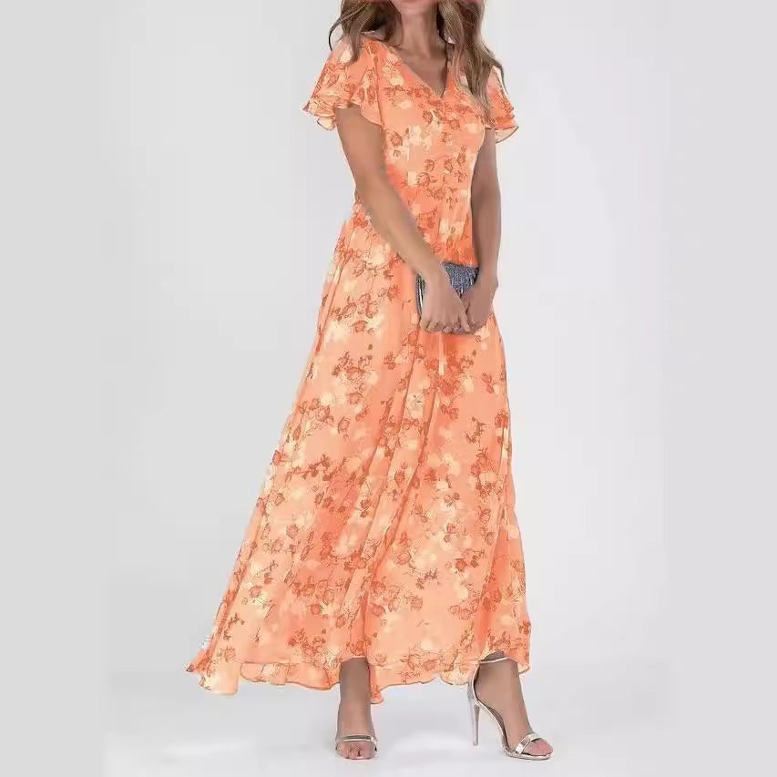 Floral Print Chiffon Ruffle Dress with V-Neck