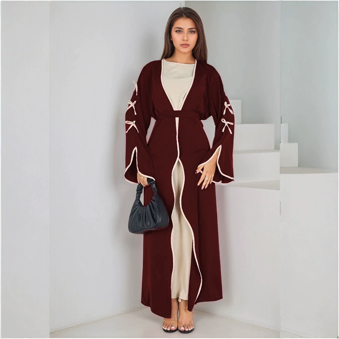 Elegant Muslim Long Robe with Bow Belt