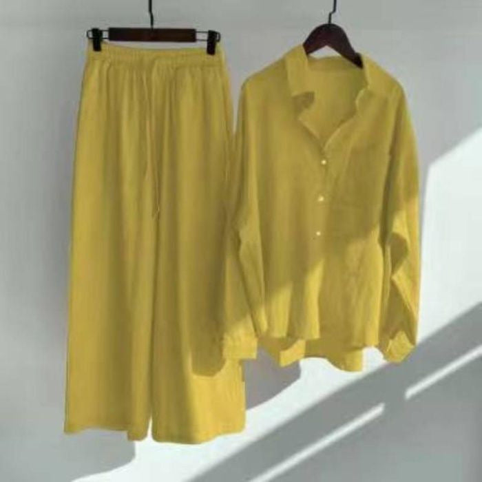 Women's Retro High Waist Cotton Linen Shirt and Pants Set