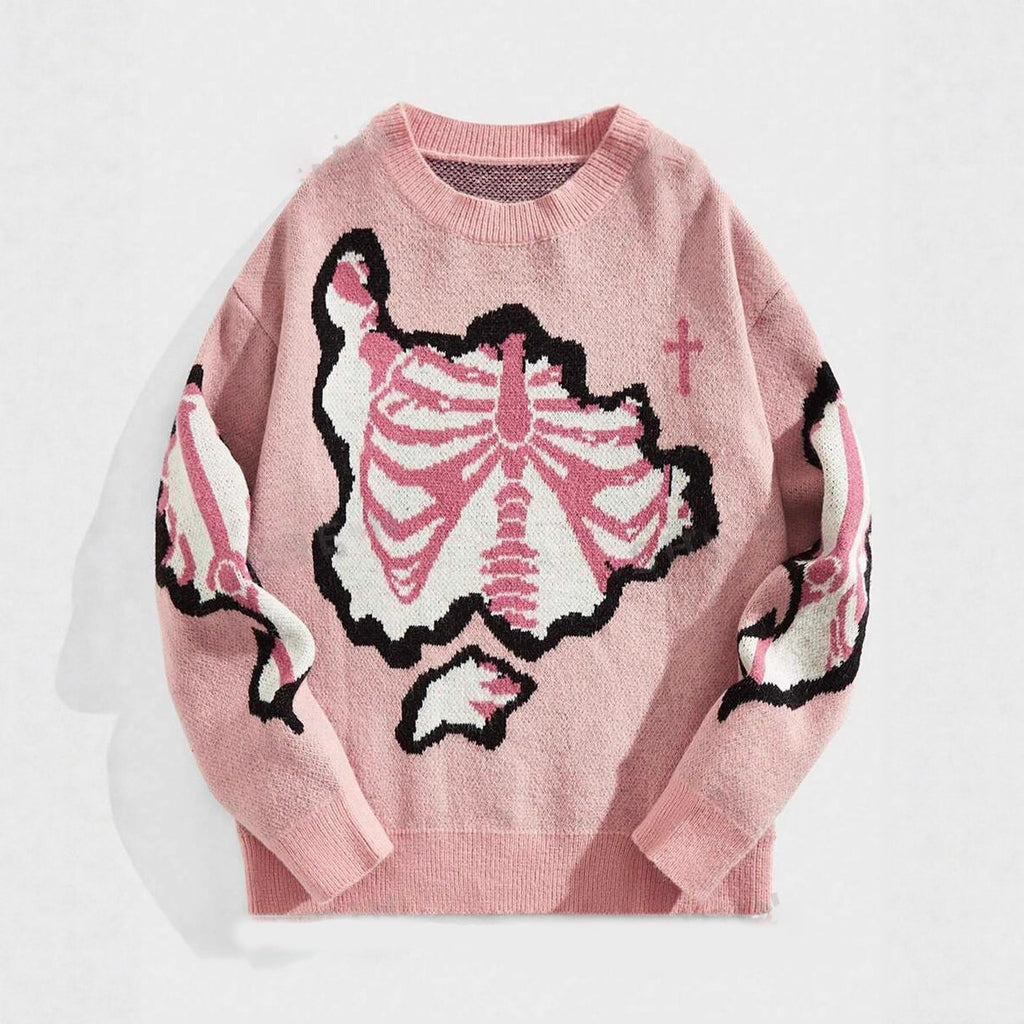 Faux Knit Skeleton Jacquard Pullover Sweater