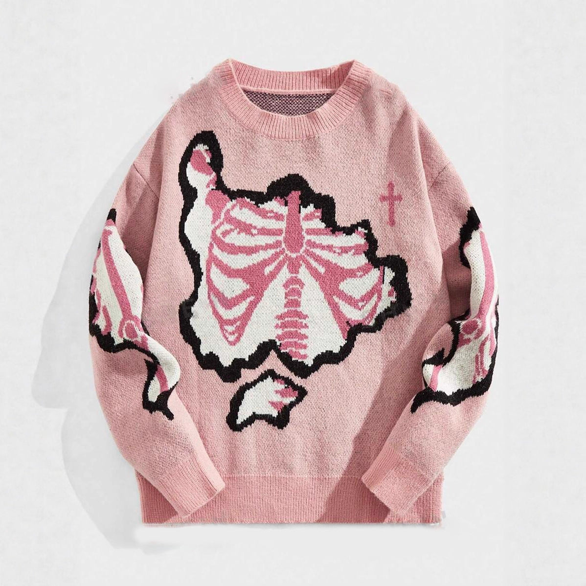 Faux Knit Skeleton Jacquard Pullover Sweater