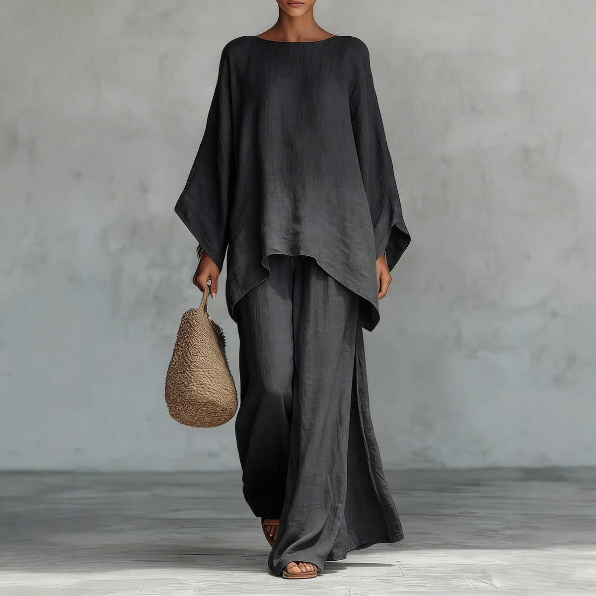 Womens Elegant Loose Cotton Linen Top Wide Leg Pants Casual Set