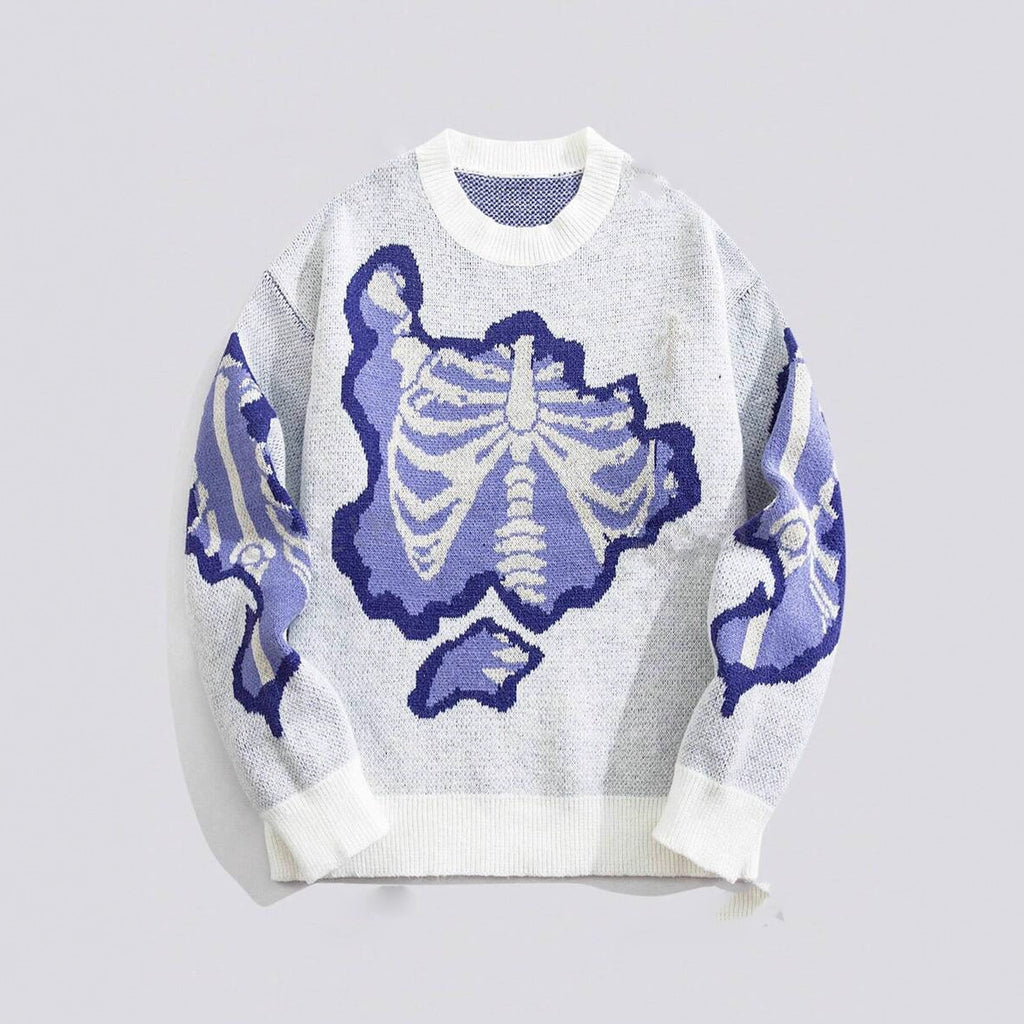 Faux Knit Skeleton Jacquard Pullover Sweater