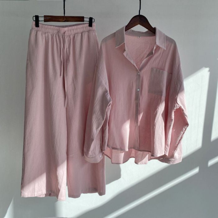 Women's Retro High Waist Cotton Linen Shirt and Pants Set