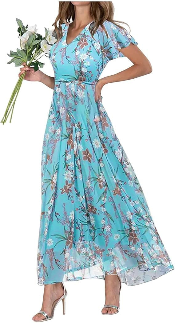 Floral Print Chiffon Ruffle Dress with V-Neck