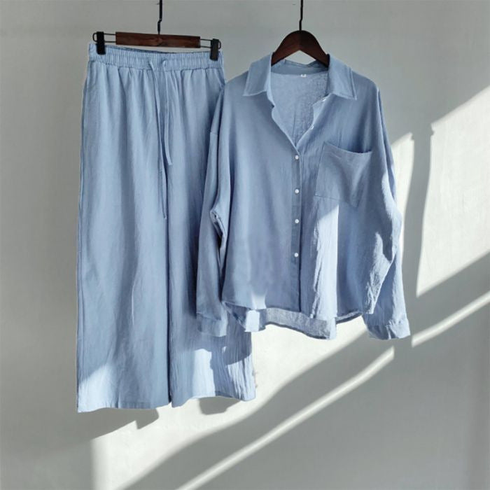 Women's Retro High Waist Cotton Linen Shirt and Pants Set