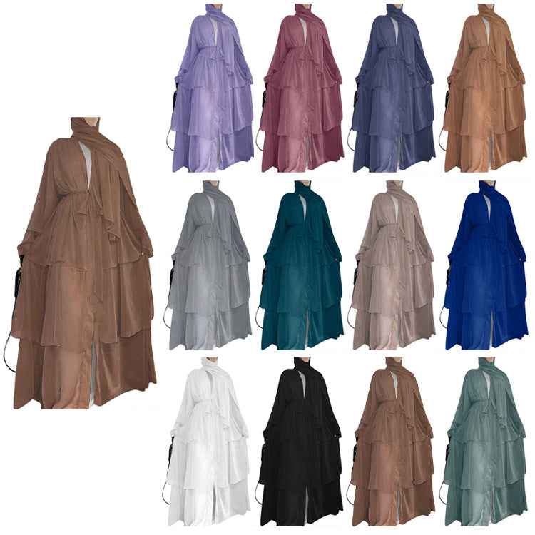 stitching three-layer chiffon elegant cardigan dress robe