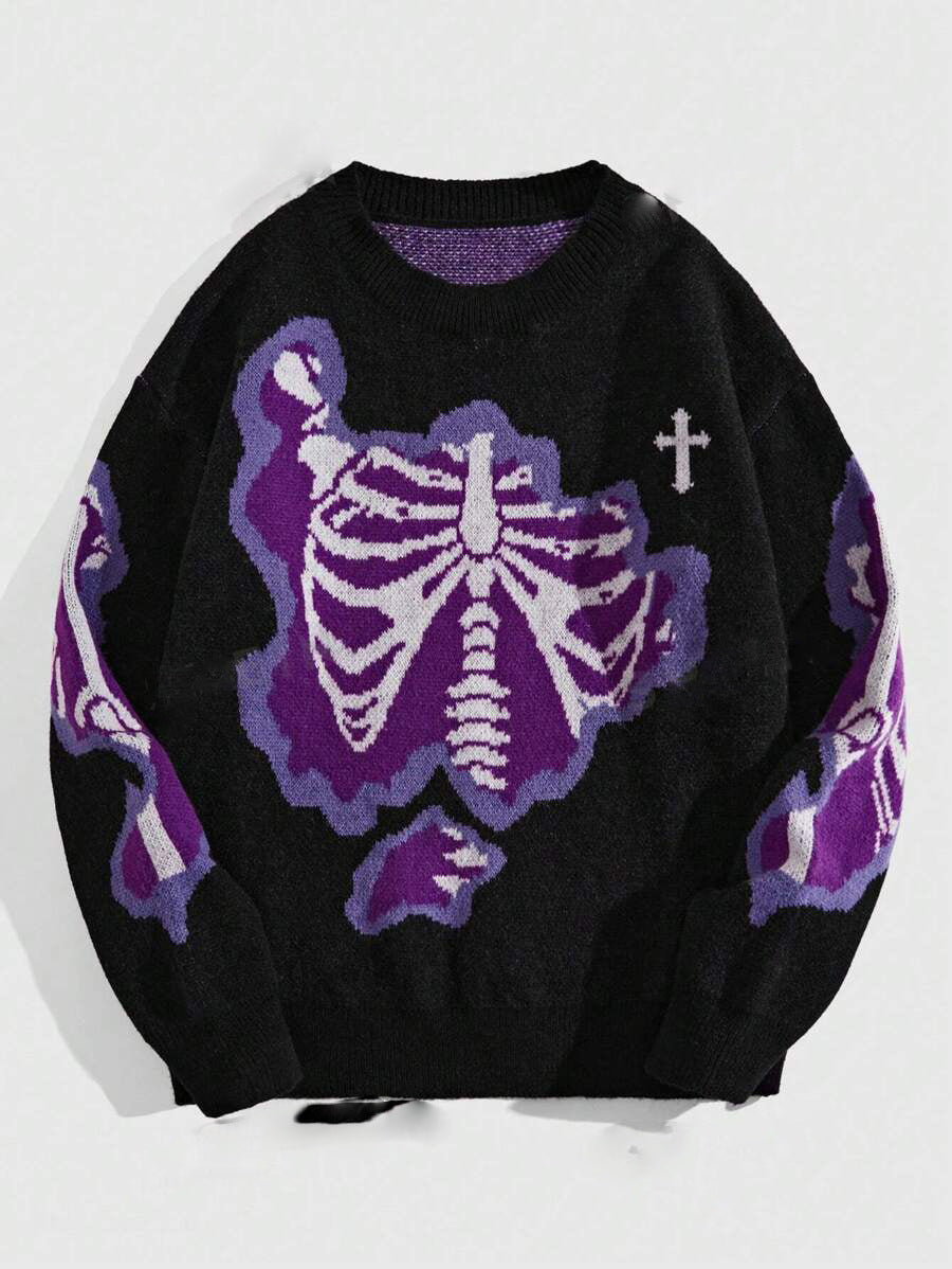 Faux Knit Skeleton Jacquard Pullover Sweater