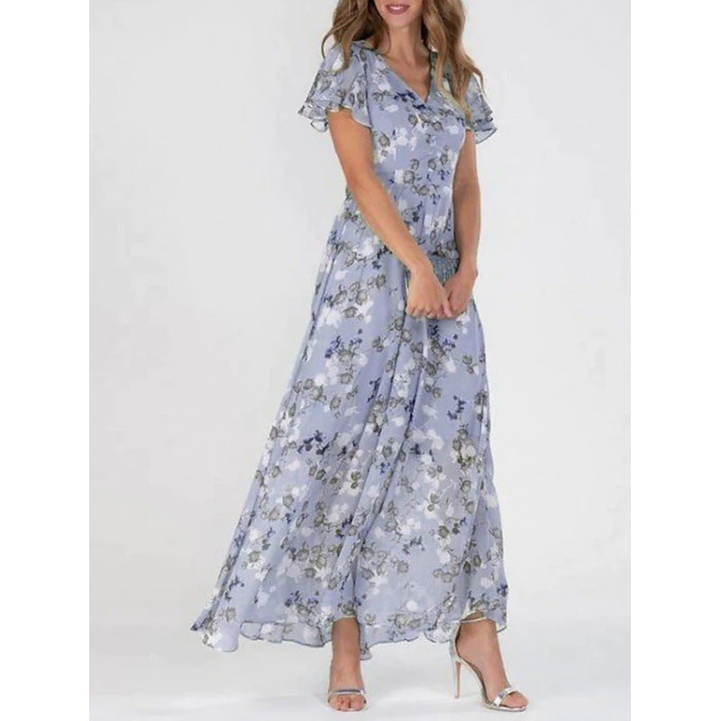 Floral Print Chiffon Ruffle Dress with V-Neck