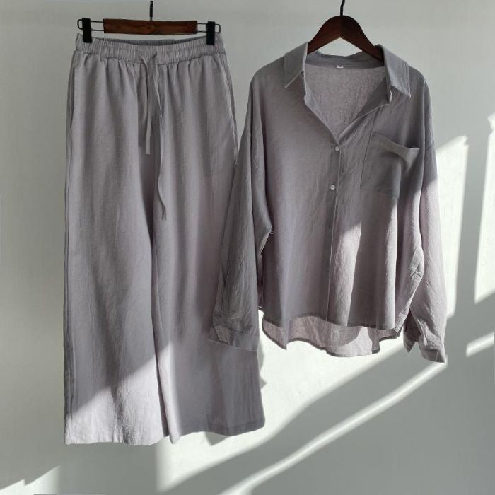 Women's Retro High Waist Cotton Linen Shirt and Pants Set