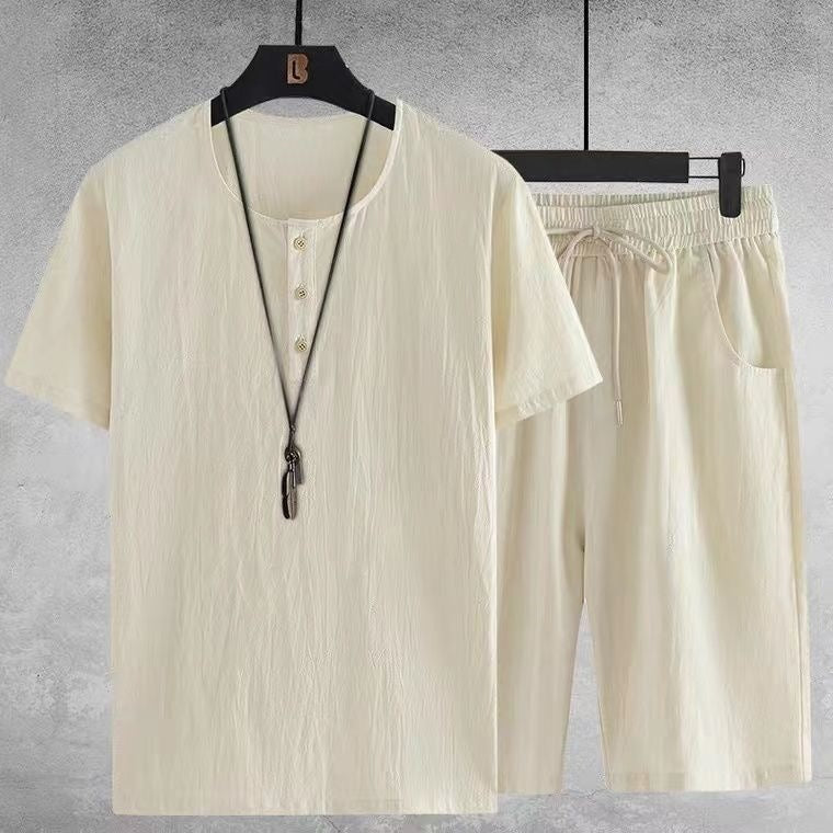 Mens Cotton Linen Casual Short Sleeve Set
